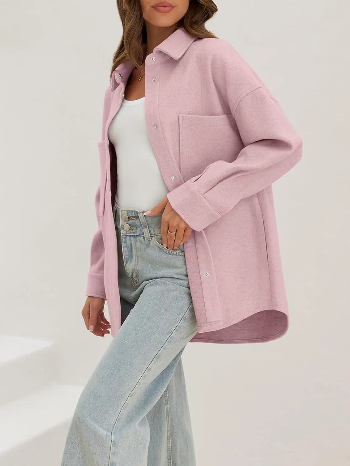 MEROKEETY Women's 2024 Fall Oversized Long Sleeve Shacket Jacket Button Down Wool Blend Coats with Pockets