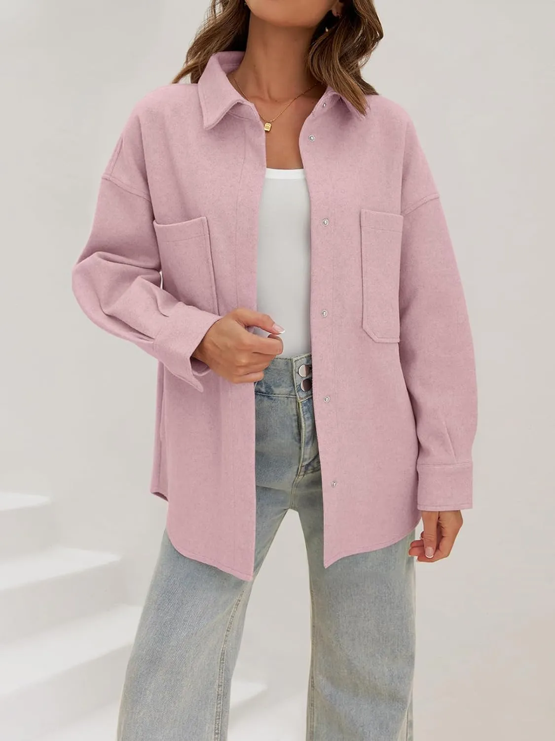 MEROKEETY Women's 2024 Fall Oversized Long Sleeve Shacket Jacket Button Down Wool Blend Coats with Pockets