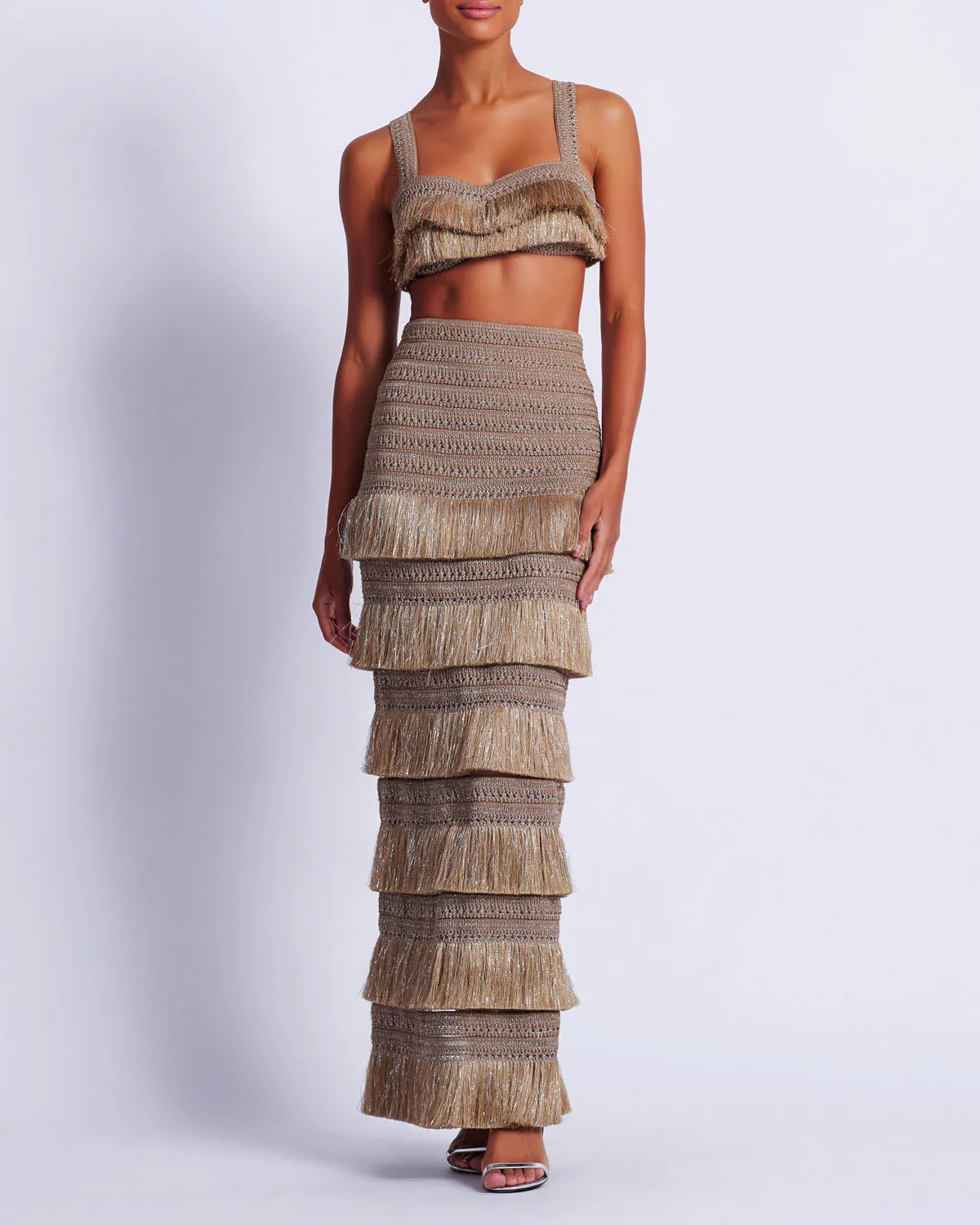 Metallic Fringe Maxi Skirt