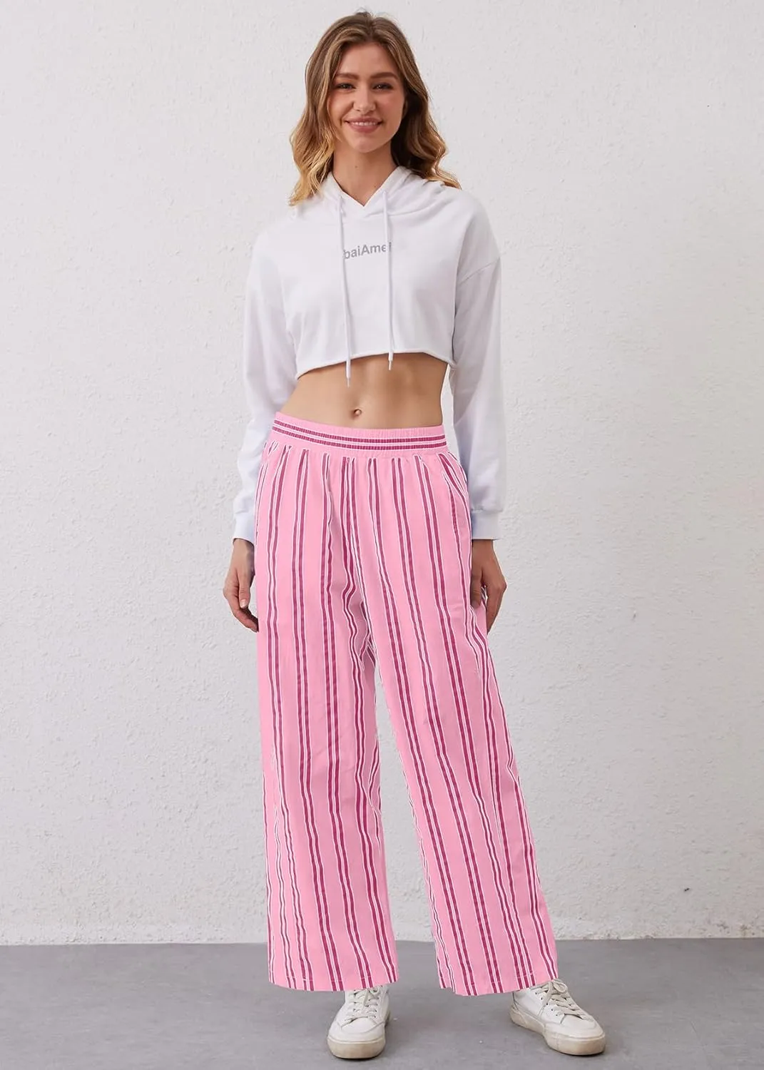 MISSACTIVER Women Drawstring Striped Pants Loose Wide Leg Trousers Casual Low Waist Pants Comfy Lounge Pants with Pockets