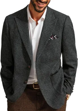 PJ PAUL JONES Mens Blazer Vintage Herringbone Tweed Blazer Two Button Wool Blend Sport Coat with Pocket Square