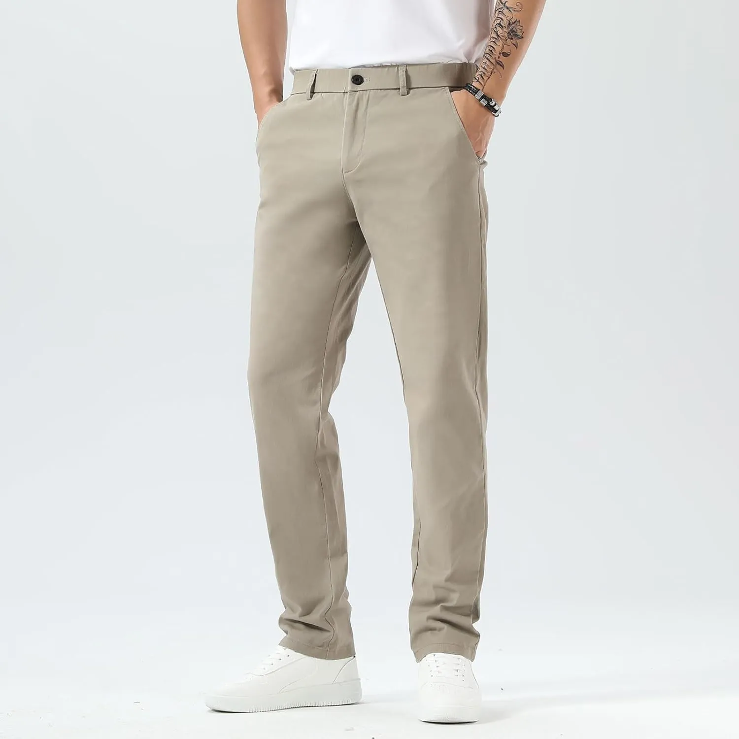 Plaid&Plain Mens Slim Fit Khaki Pants Mens Tapered Chino Pants