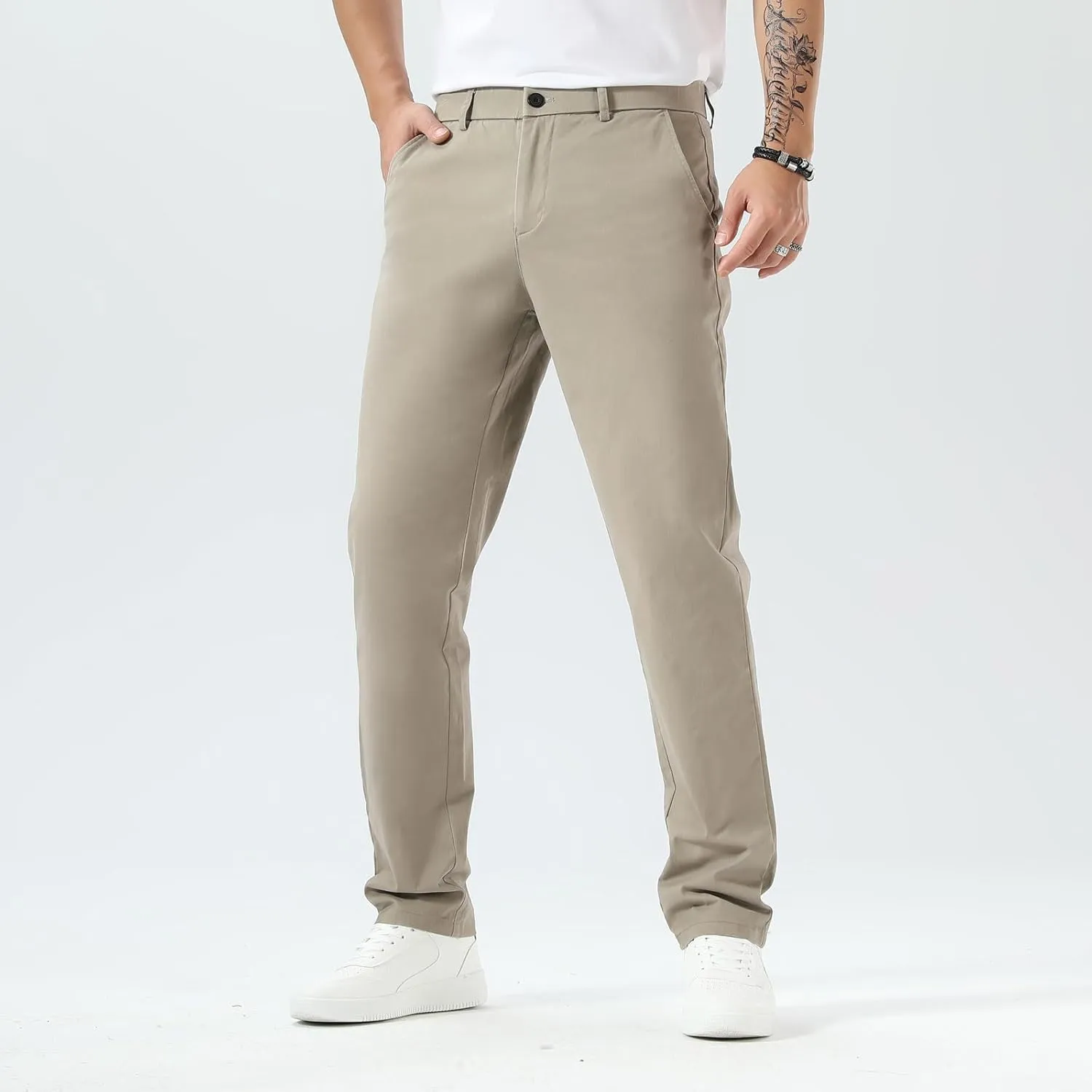 Plaid&Plain Mens Slim Fit Khaki Pants Mens Tapered Chino Pants