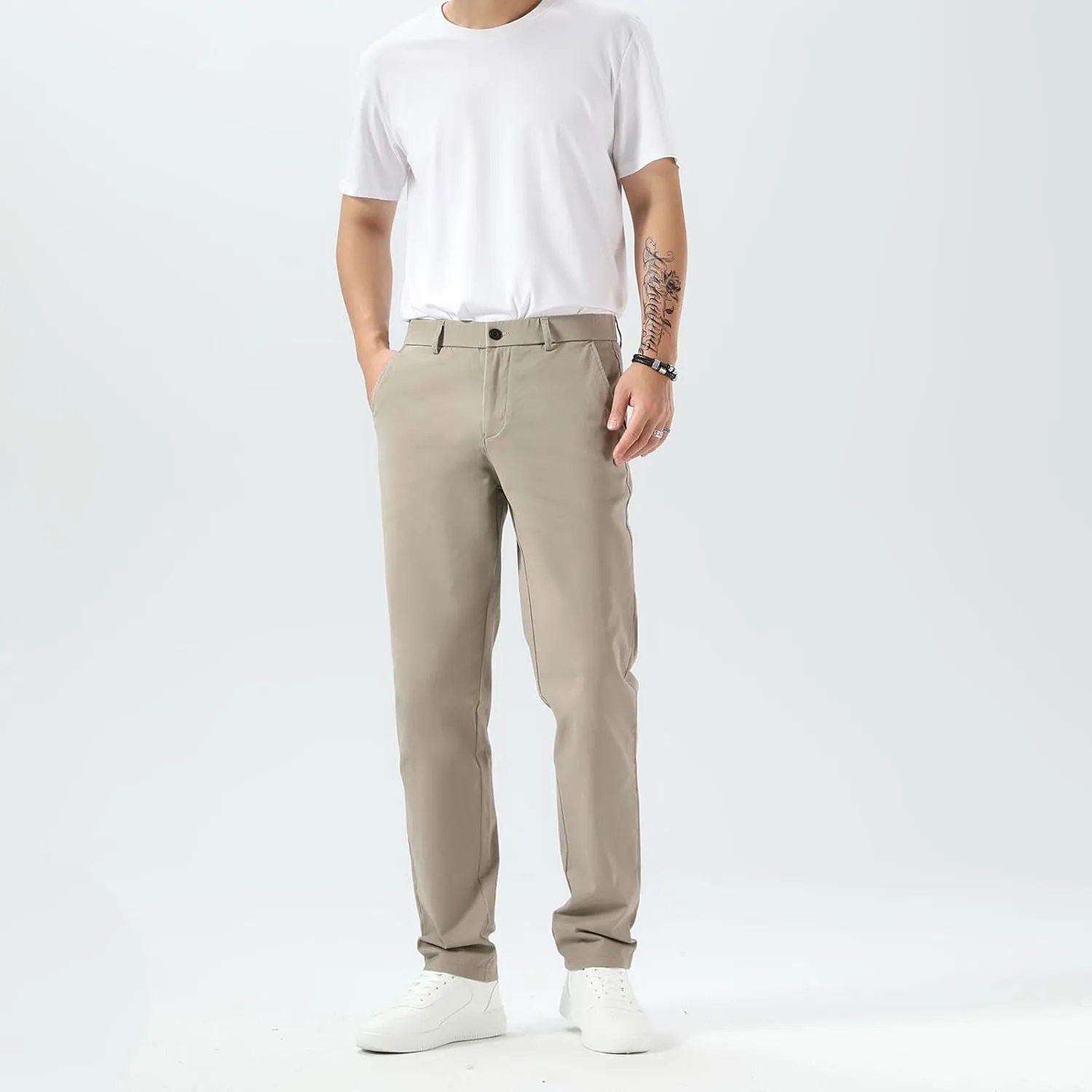 Plaid&Plain Mens Slim Fit Khaki Pants Mens Tapered Chino Pants