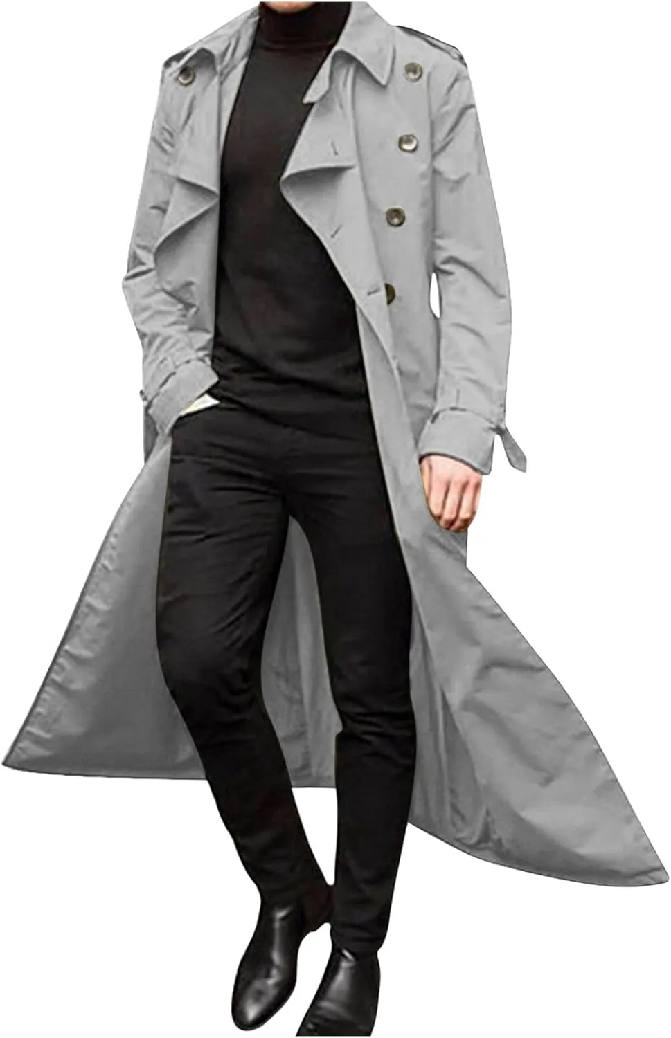 Sinzelimin Men's Trench Coat Fashion Easy Notch Lapel Business Casual Jacket Solid Long Pea Coat Windbreaker Overcoat