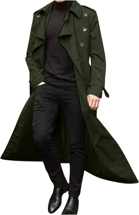 Sinzelimin Men's Trench Coat Fashion Easy Notch Lapel Business Casual Jacket Solid Long Pea Coat Windbreaker Overcoat