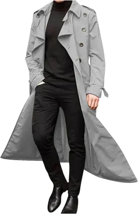 Sinzelimin Men's Trench Coat Fashion Easy Notch Lapel Business Casual Jacket Solid Long Pea Coat Windbreaker Overcoat