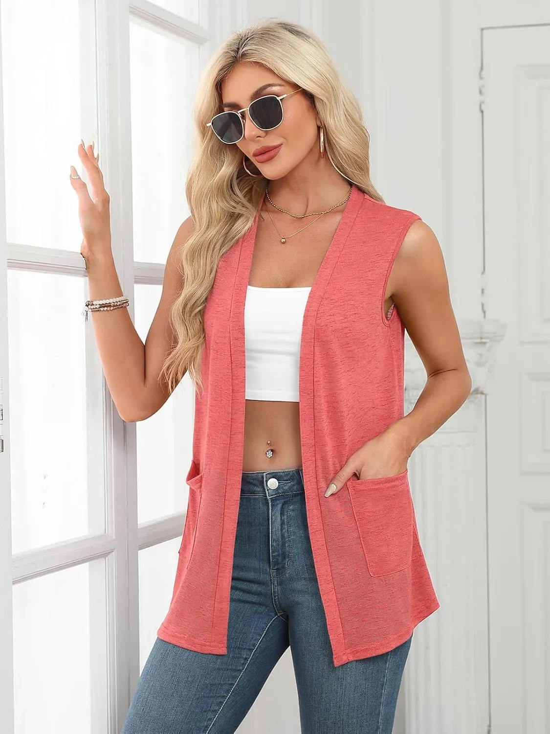 Summer Vest for Women Lightweight Fashion Casual Soft Knit Sleeveless Cardigan Curved Hem with Cozy Pockets (S-3XL)