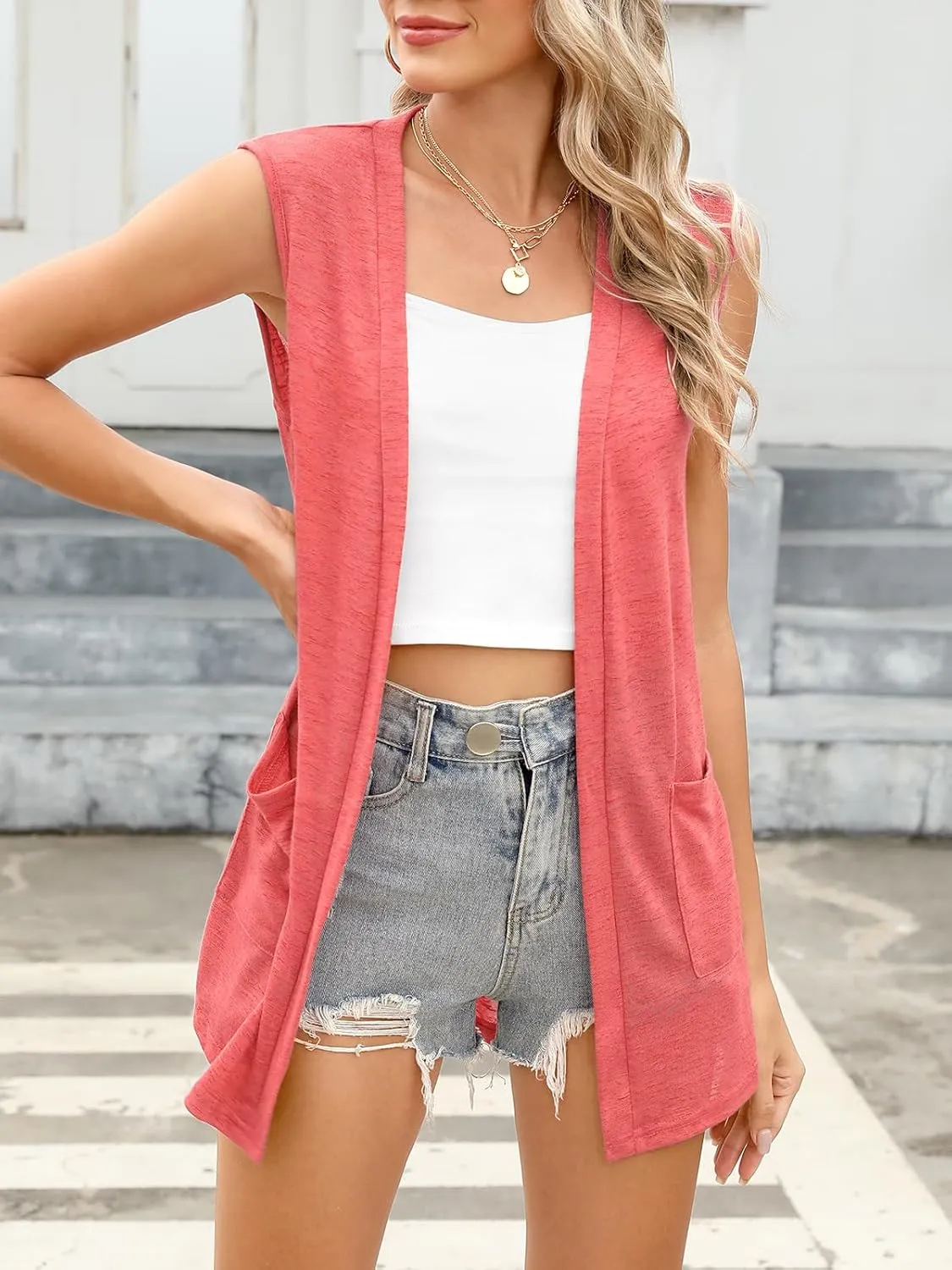 Summer Vest for Women Lightweight Fashion Casual Soft Knit Sleeveless Cardigan Curved Hem with Cozy Pockets (S-3XL)