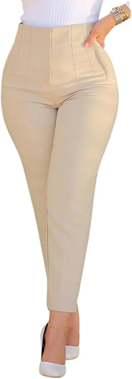 utcoco Womens Stretchy High Waisted Skinny Pants Business Casual Pleated Pencil Trousers with Pockets