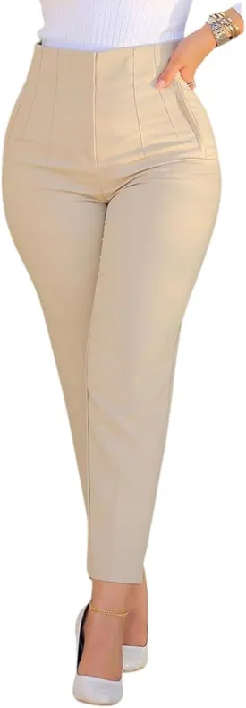 utcoco Womens Stretchy High Waisted Skinny Pants Business Casual Pleated Pencil Trousers with Pockets
