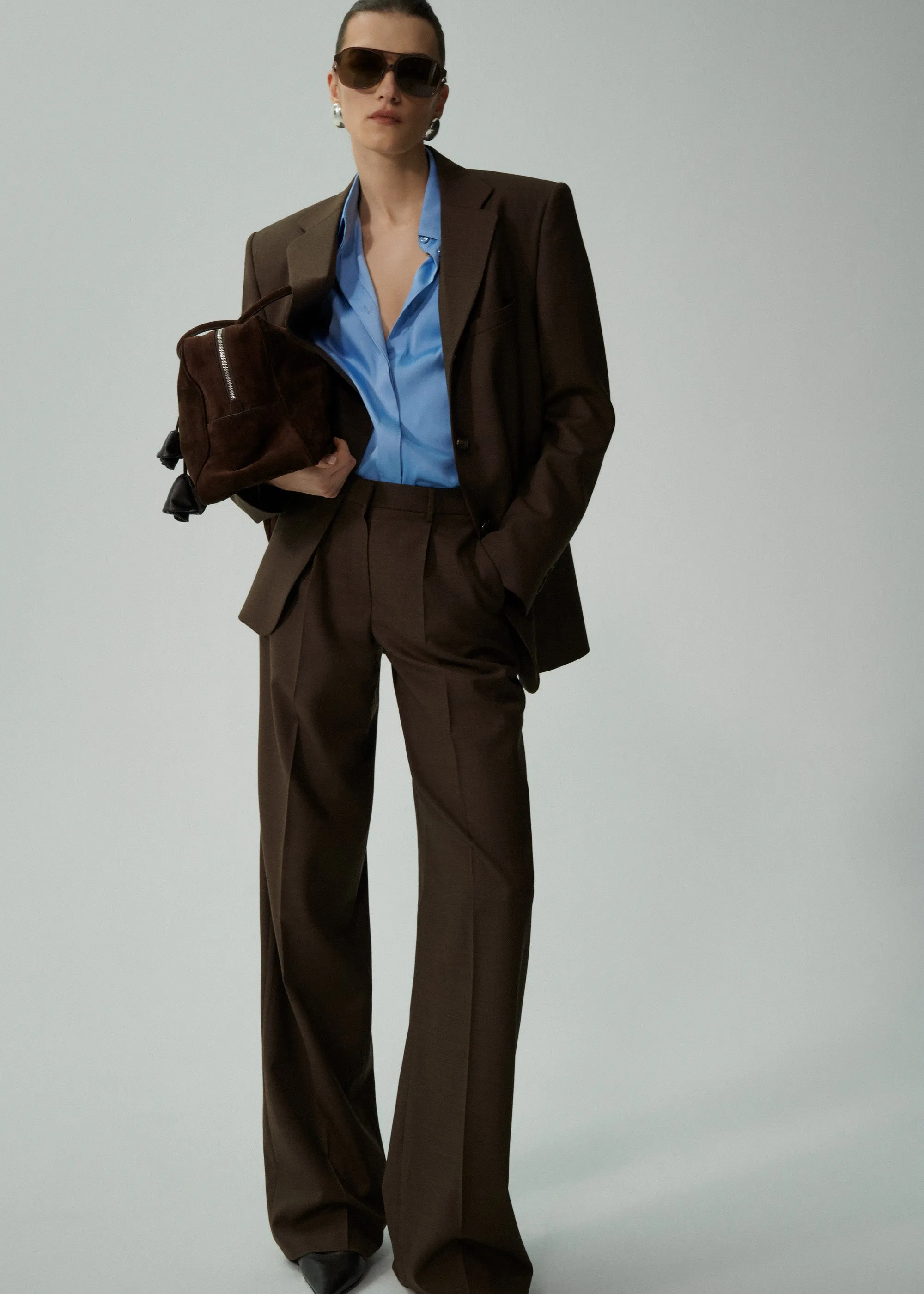 Wide leg tailored wool pants in brown