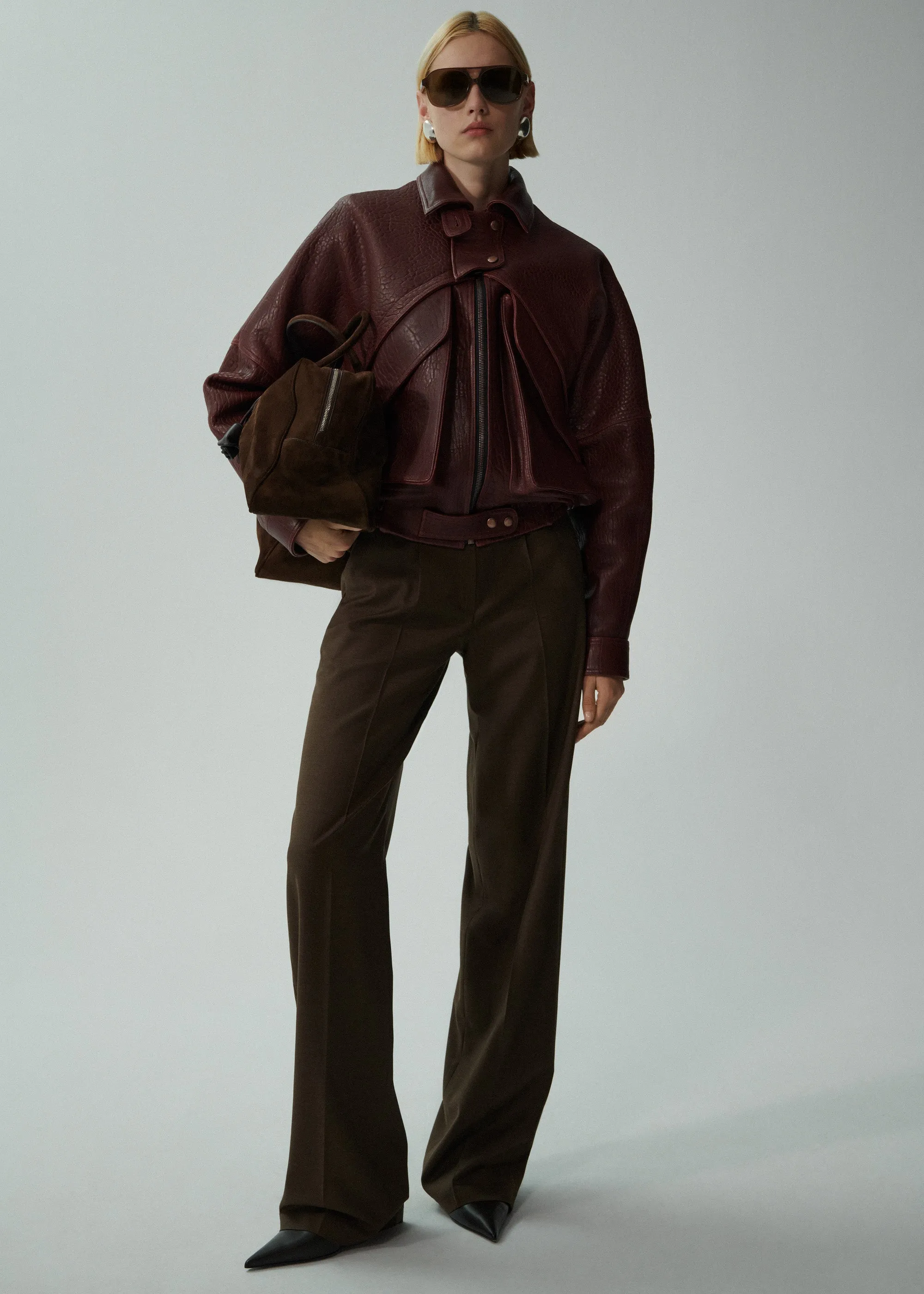 Wide leg tailored wool pants in brown