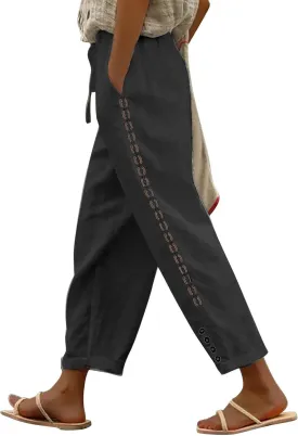 Women Linen Pants Waist Pants Drawstring Capri Pants with Pockets Wide Leg Cropped Elastic High Waist Comfy Loose