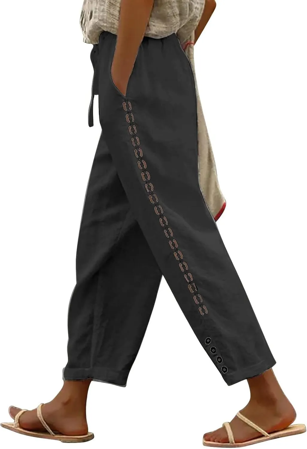 Women Linen Pants Waist Pants Drawstring Capri Pants with Pockets Wide Leg Cropped Elastic High Waist Comfy Loose