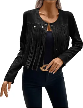 Women Vintage Tassel Cropped Jacket Faux Suede Long Sleeve Fringe Jackets Funny Motorcycle Biker Coat Trendy