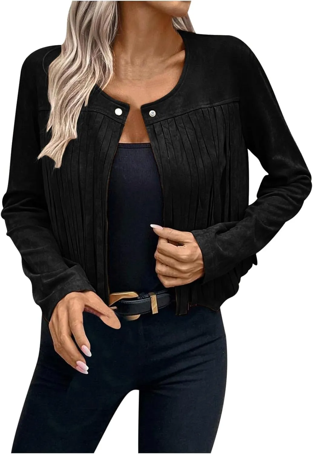 Women Vintage Tassel Cropped Jacket Faux Suede Long Sleeve Fringe Jackets Funny Motorcycle Biker Coat Trendy