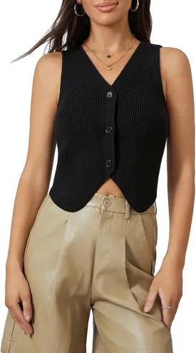 Women Y2k Crochet Vest Top Vintage Solid Color V Neck Sleeveless Button Down Crop Tops Streetwear