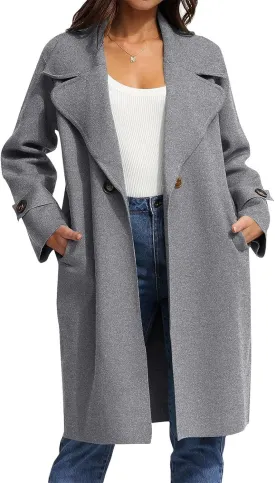 Women's Basic Essential Single Breasted Mid-Long Wool Blend Notched Lapel Pea Coat with Pockets