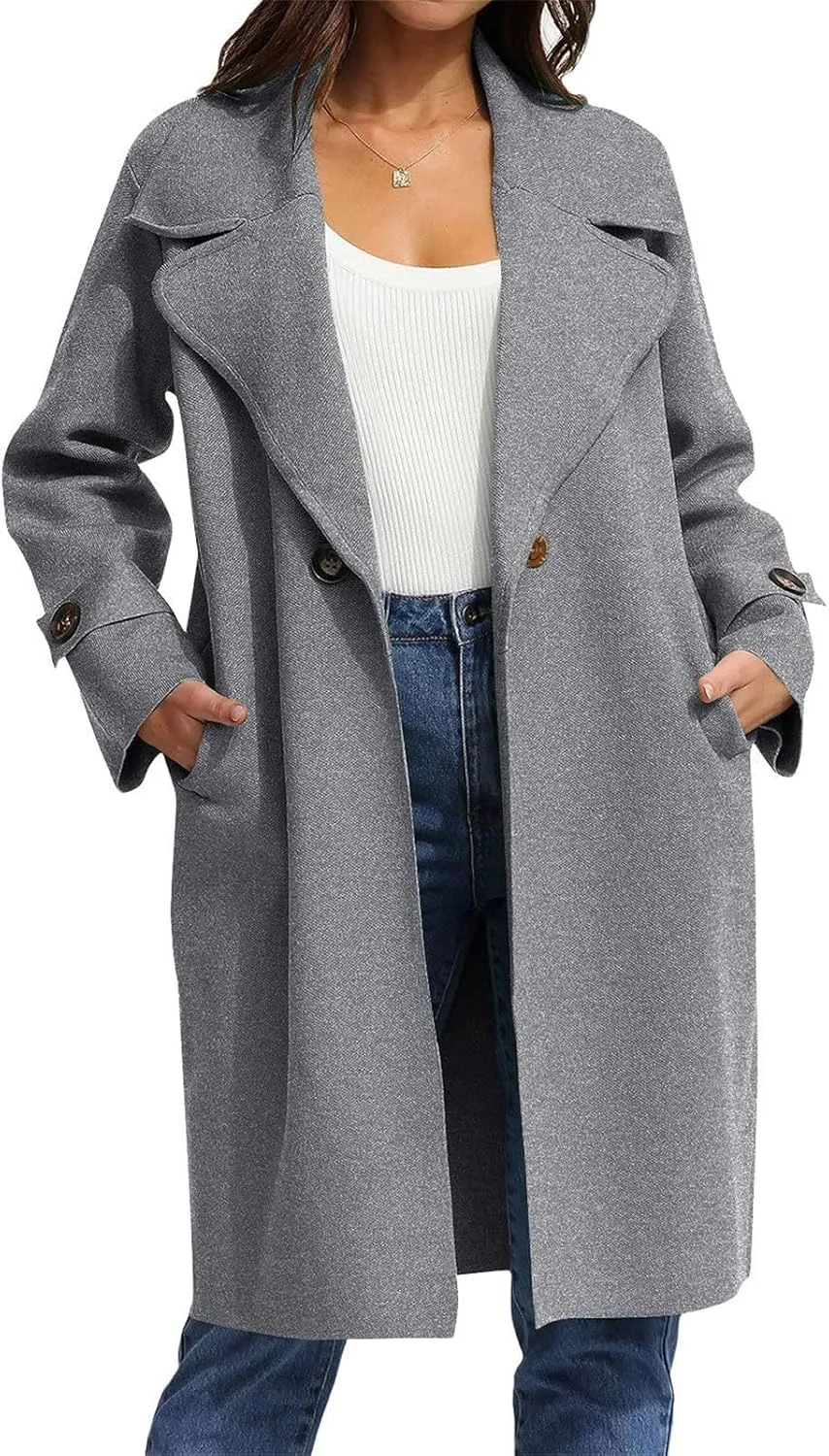 Women's Basic Essential Single Breasted Mid-Long Wool Blend Notched Lapel Pea Coat with Pockets