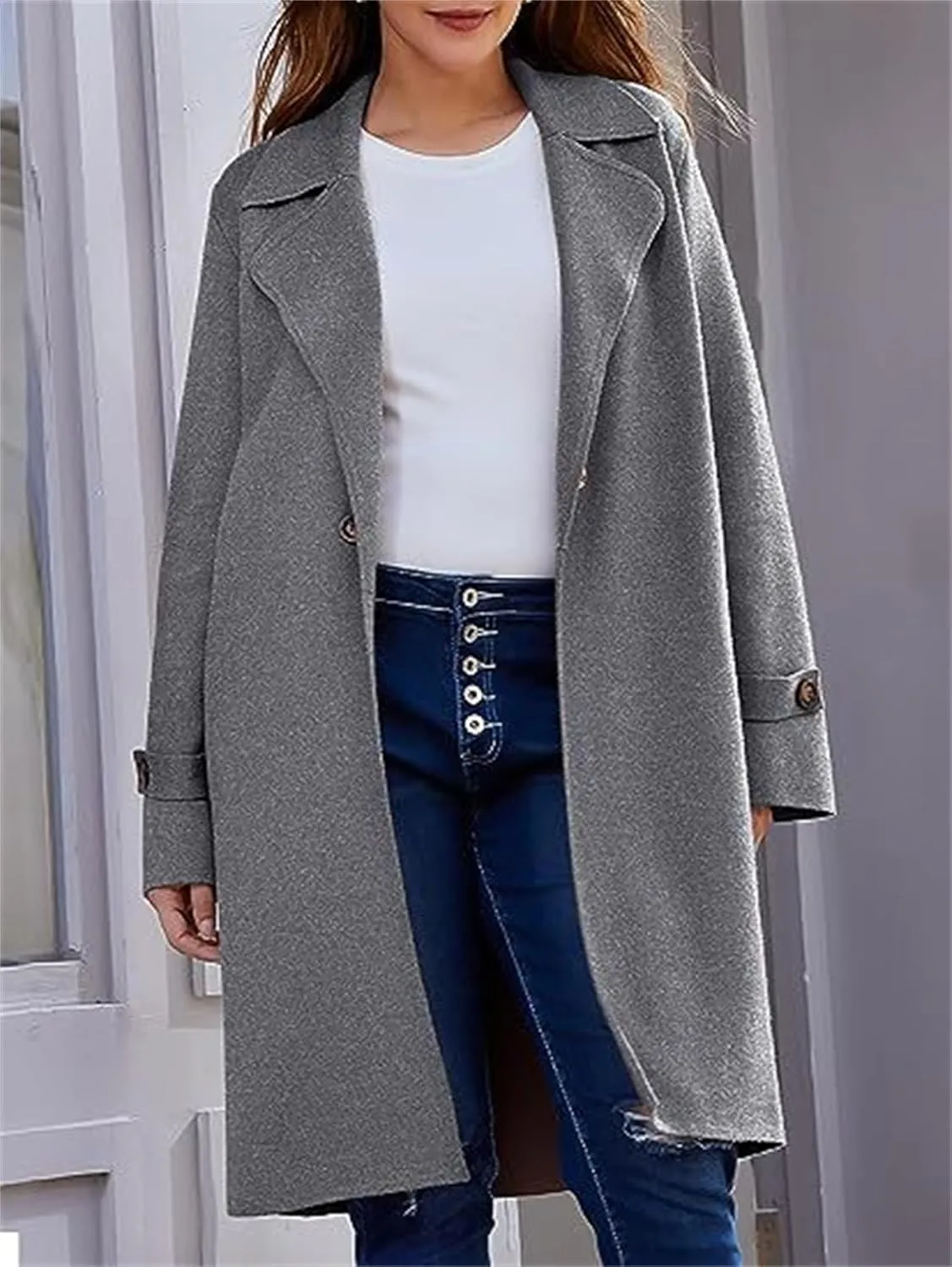 Women's Basic Essential Single Breasted Mid-Long Wool Blend Notched Lapel Pea Coat with Pockets