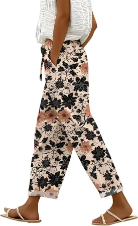 Womens Casual Linen Pants Elastic Waist Drawstring Trousers with Pockets Summer Beach Floral Pants