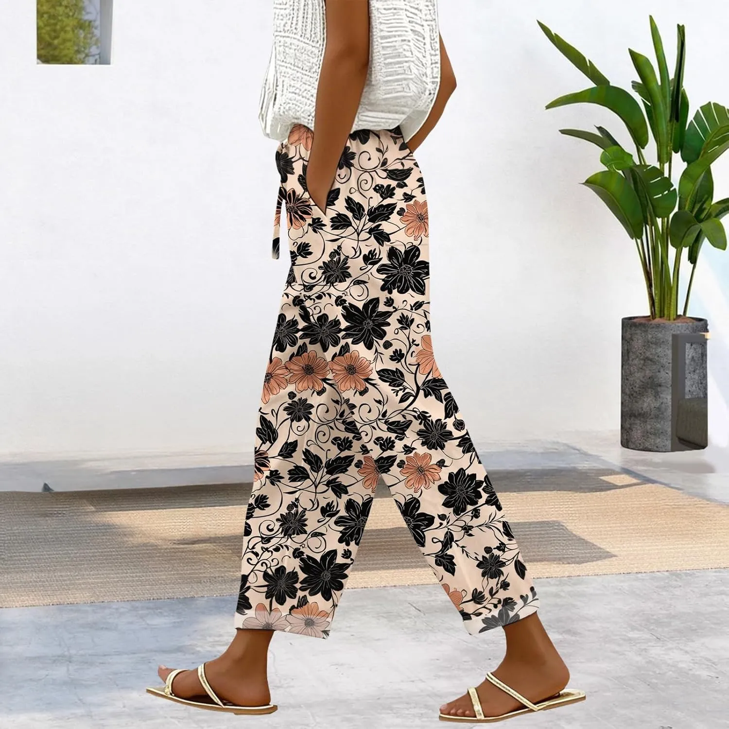 Womens Casual Linen Pants Elastic Waist Drawstring Trousers with Pockets Summer Beach Floral Pants