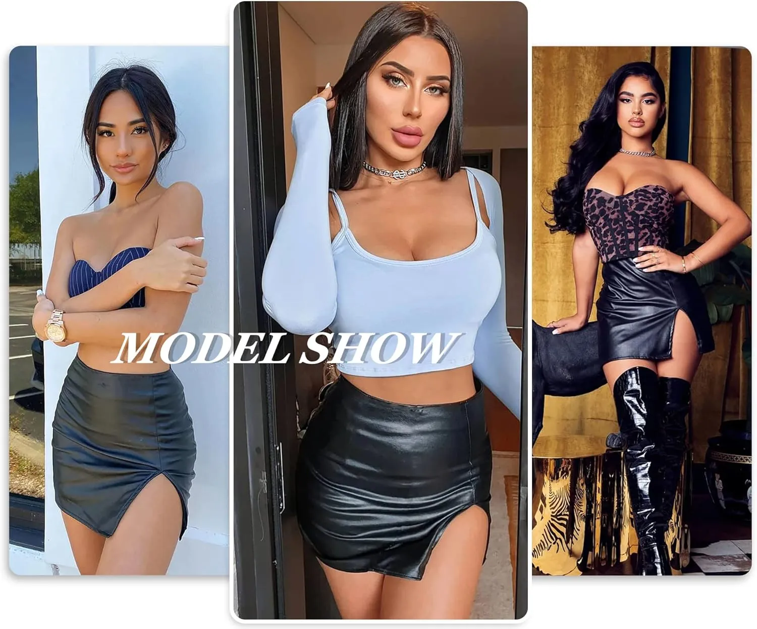 Womens High Waist Short Skirts Pu Leather Bodycon Mini Skirts Sexy Split Hem Mini Pencil Skirts for Club