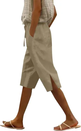 Womens Summer Bermuda Linen Shorts Knee Length Lightweight Loose Summer Casual Shorts with Pockets