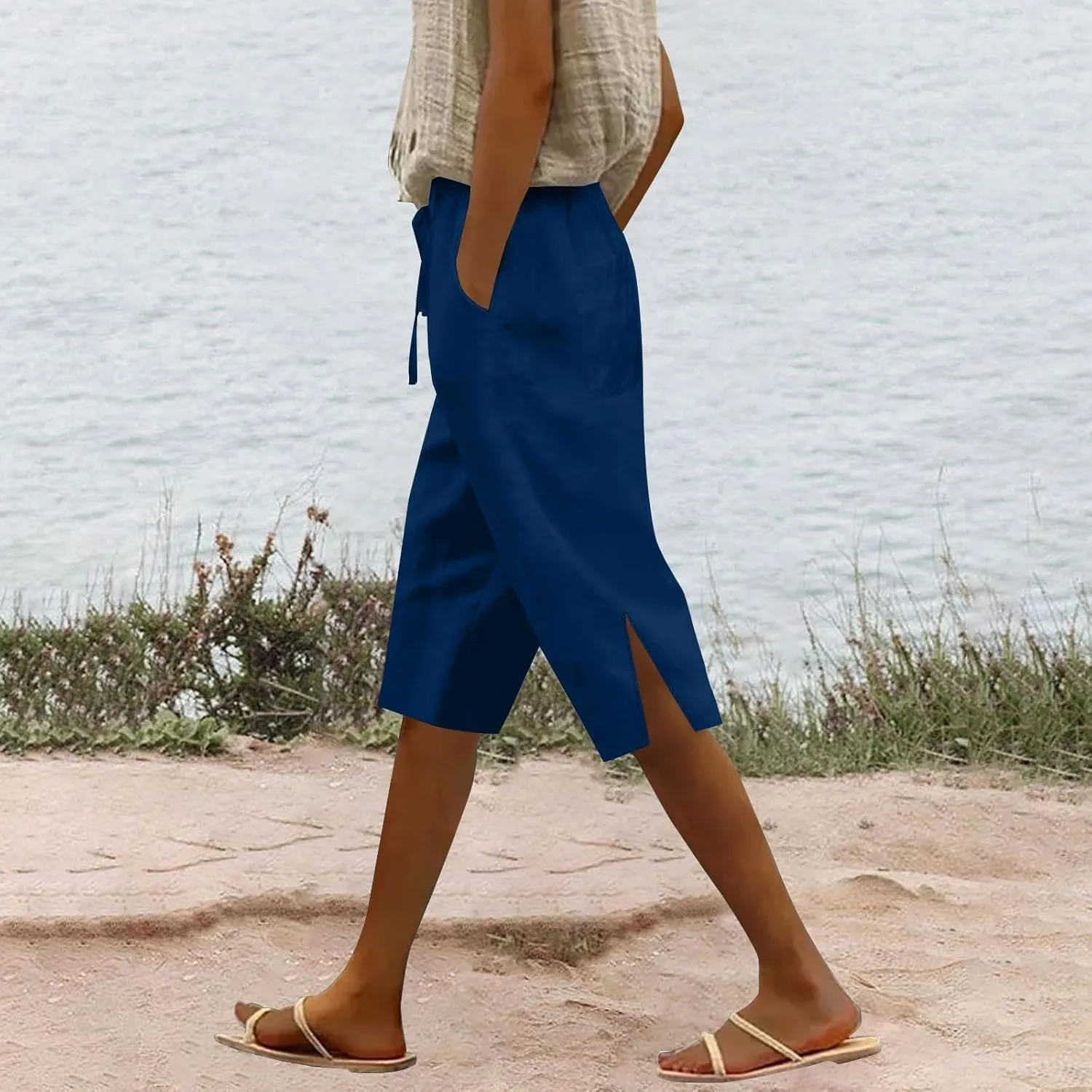 Womens Summer Bermuda Linen Shorts Knee Length Lightweight Loose Summer Casual Shorts with Pockets