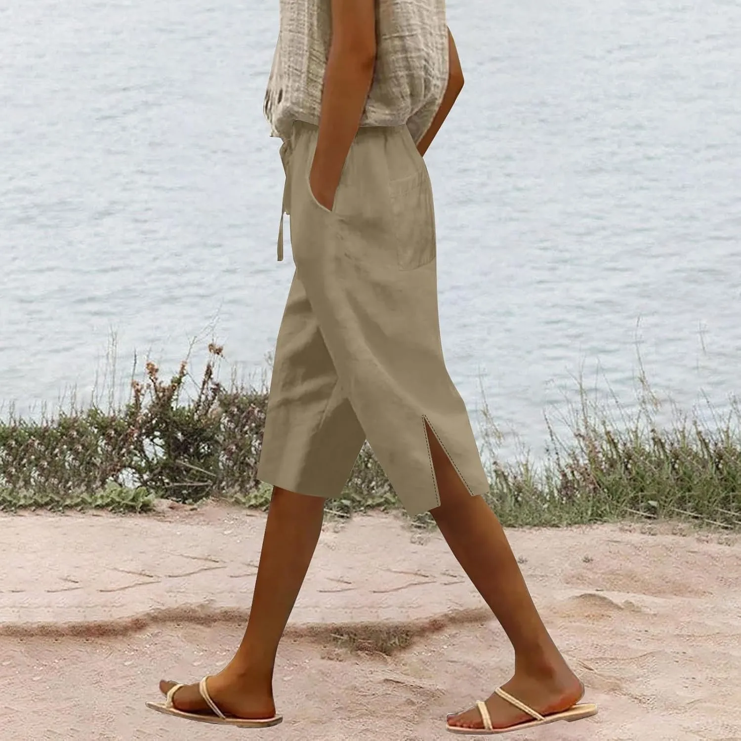 Womens Summer Bermuda Linen Shorts Knee Length Lightweight Loose Summer Casual Shorts with Pockets
