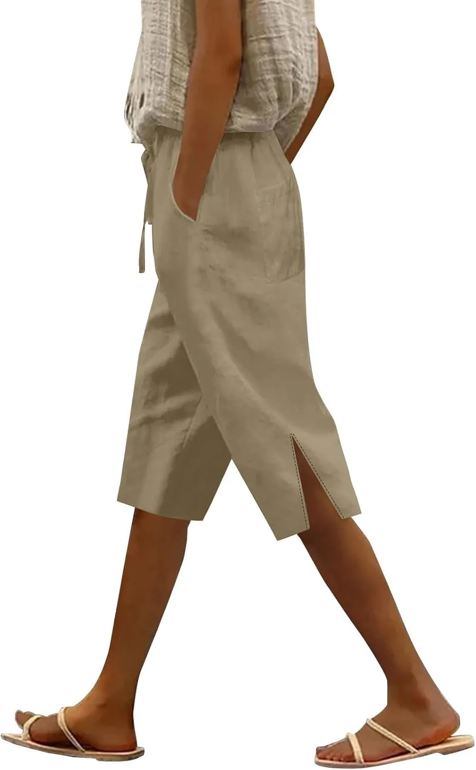 Womens Summer Bermuda Linen Shorts Knee Length Lightweight Loose Summer Casual Shorts with Pockets