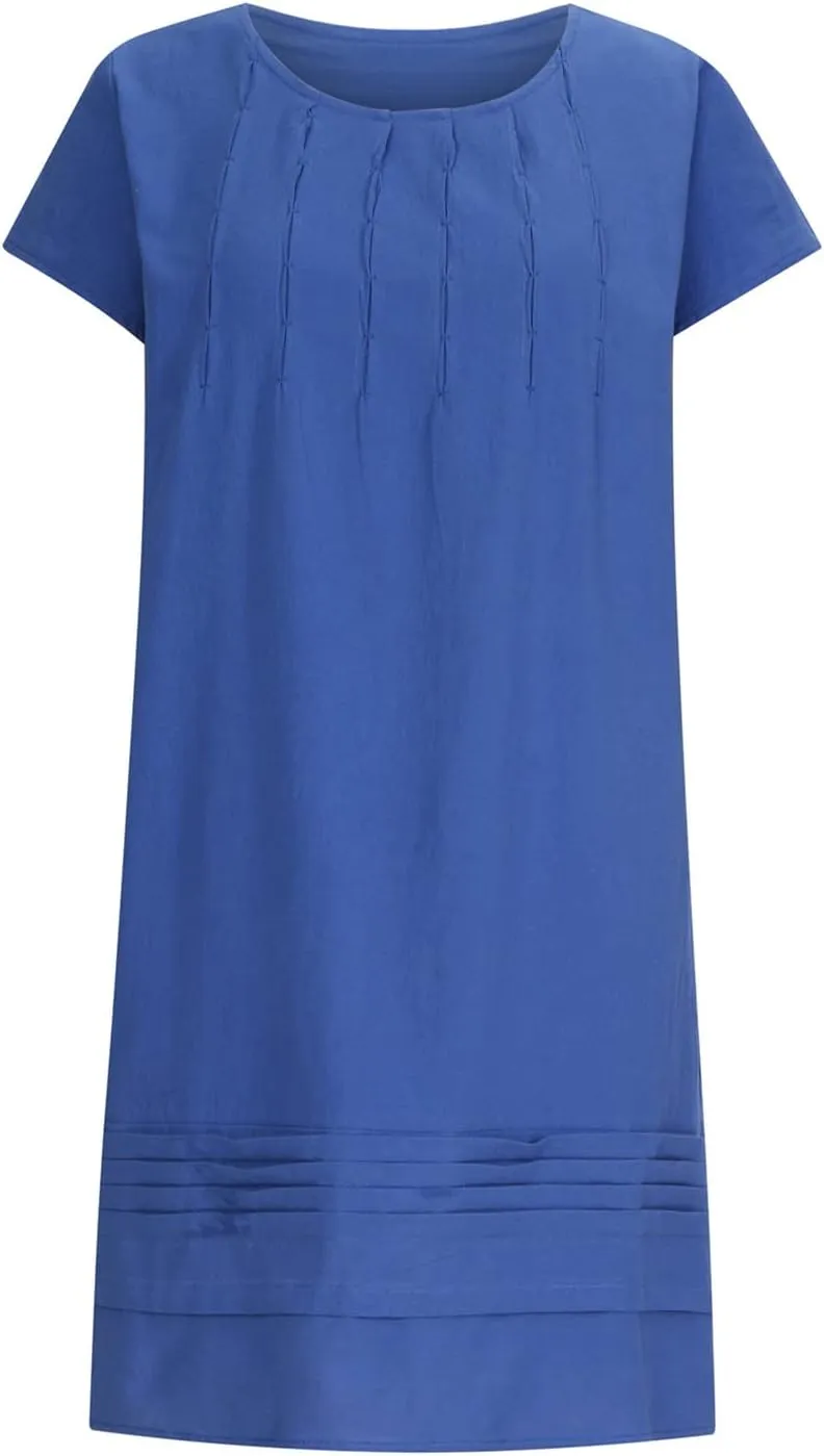 Women's Summer Cotton Linen Dress Short Sleeve Pleated Front Tshirt Dresses Flowy Boho Sundresses Beach Wear