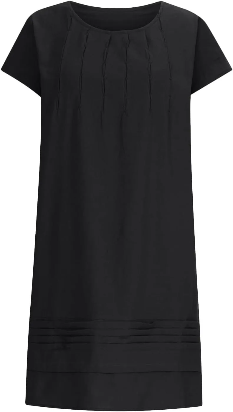 Women's Summer Cotton Linen Dress Short Sleeve Pleated Front Tshirt Dresses Flowy Boho Sundresses Beach Wear