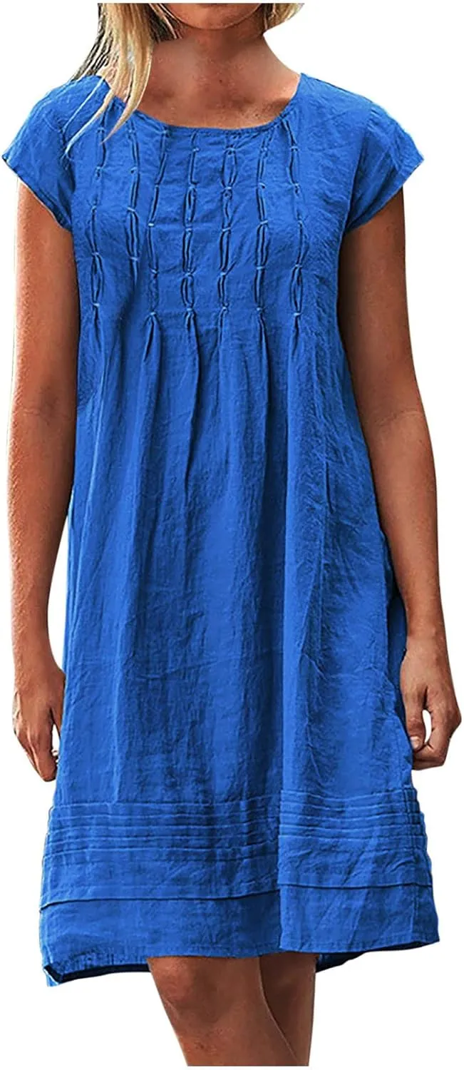 Women's Summer Cotton Linen Dress Short Sleeve Pleated Front Tshirt Dresses Flowy Boho Sundresses Beach Wear