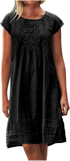 Women's Summer Cotton Linen Dress Short Sleeve Pleated Front Tshirt Dresses Flowy Boho Sundresses Beach Wear
