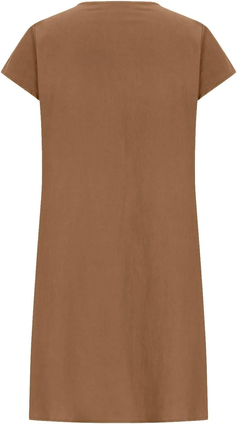 Women's Summer Cotton Linen Dress Short Sleeve Pleated Front Tshirt Dresses Flowy Boho Sundresses Beach Wear