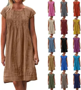 Women's Summer Cotton Linen Dress Short Sleeve Pleated Front Tshirt Dresses Flowy Boho Sundresses Beach Wear