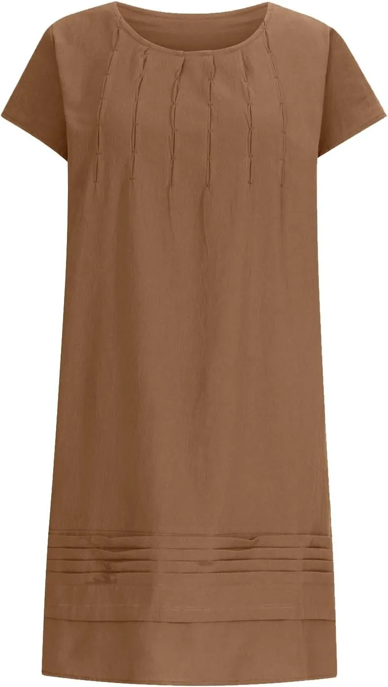 Women's Summer Cotton Linen Dress Short Sleeve Pleated Front Tshirt Dresses Flowy Boho Sundresses Beach Wear