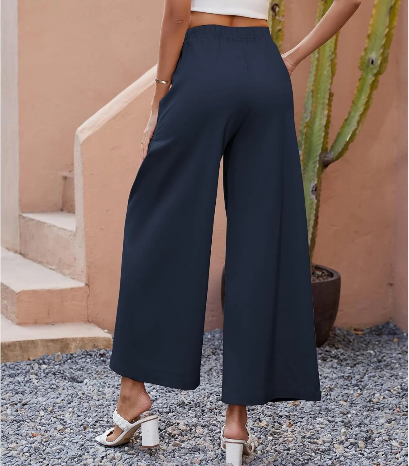 Womens Wide Leg Slacks Pants High Elastic Waist Casual Work Business Lounge with Side Pockets Pleated Trousers