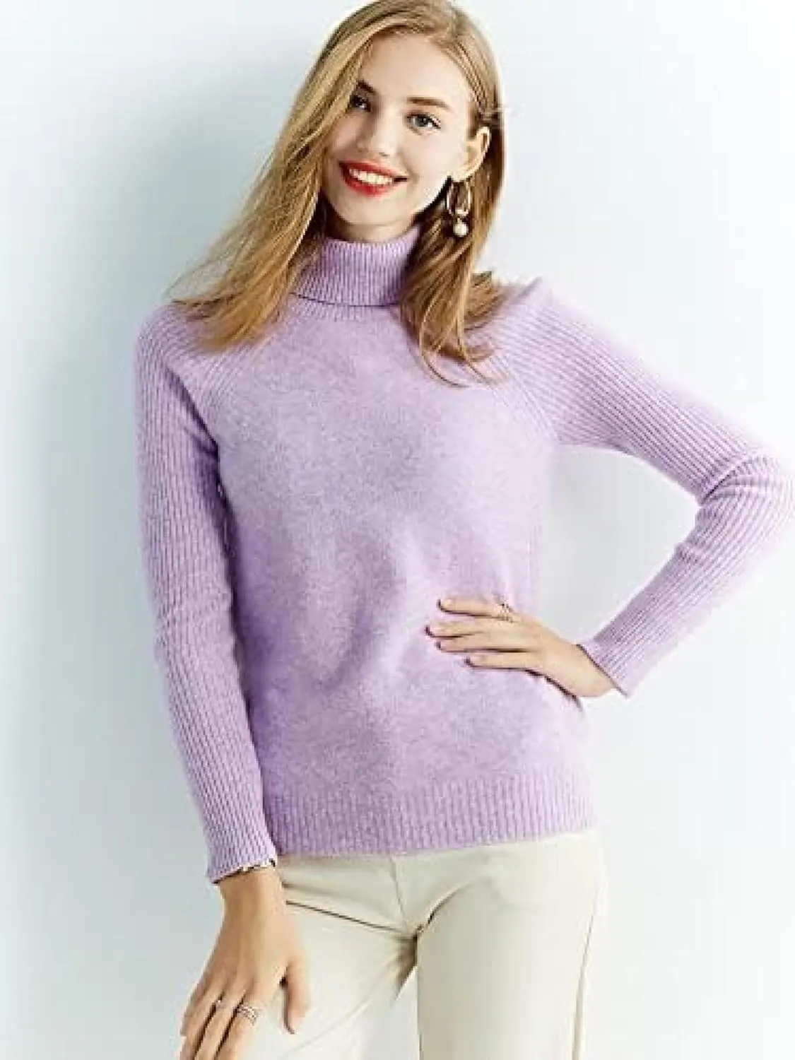 Women's Wool Fall Winter Long Sleeve Warm Soft Knitted Pullover Sweater Tops,Light Purple,Medium