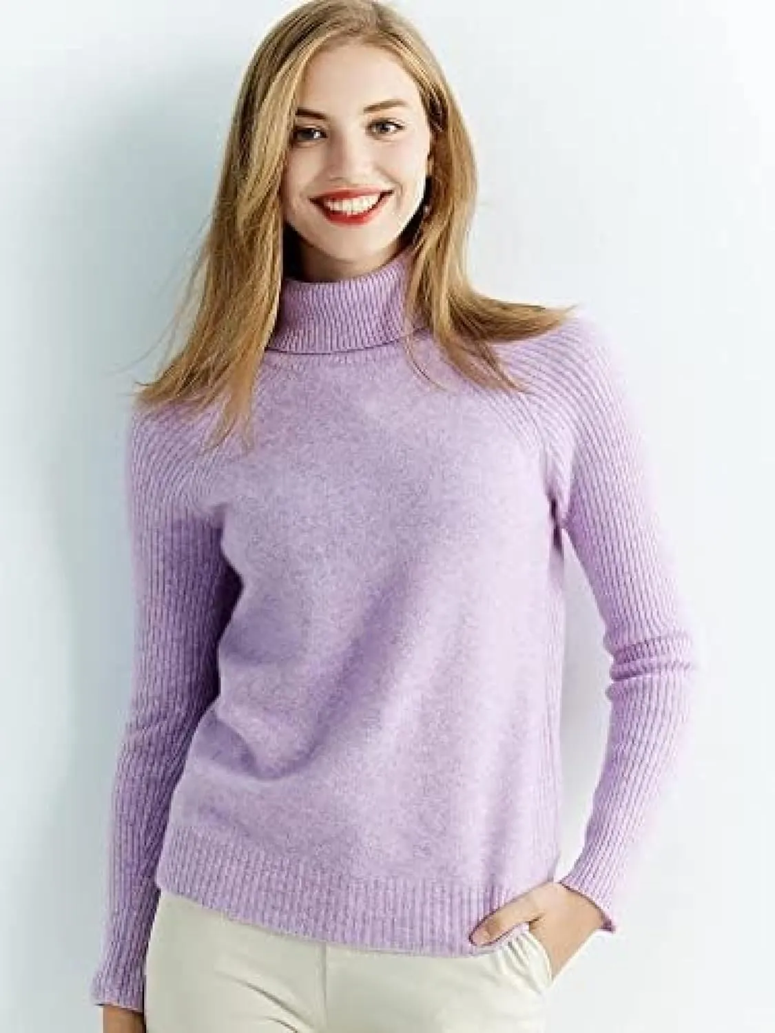 Women's Wool Fall Winter Long Sleeve Warm Soft Knitted Pullover Sweater Tops,Light Purple,Medium