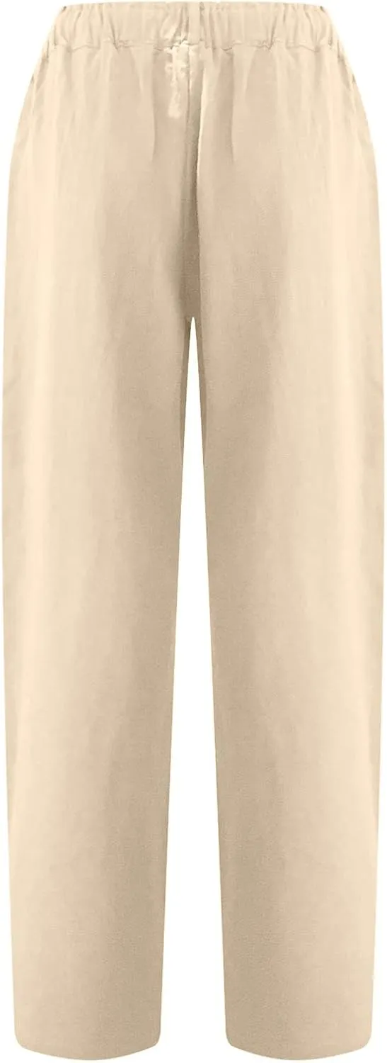 XUNRYAN Capri Pants Women Casual Summer Elastic High Waist Linen Pants Loose Wide Leg Cargo Pants Crop Trouser with Pockets