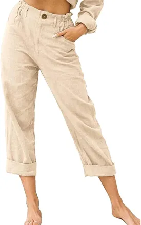 XUNRYAN Capri Pants Women Casual Summer Elastic High Waist Linen Pants Loose Wide Leg Cargo Pants Crop Trouser with Pockets