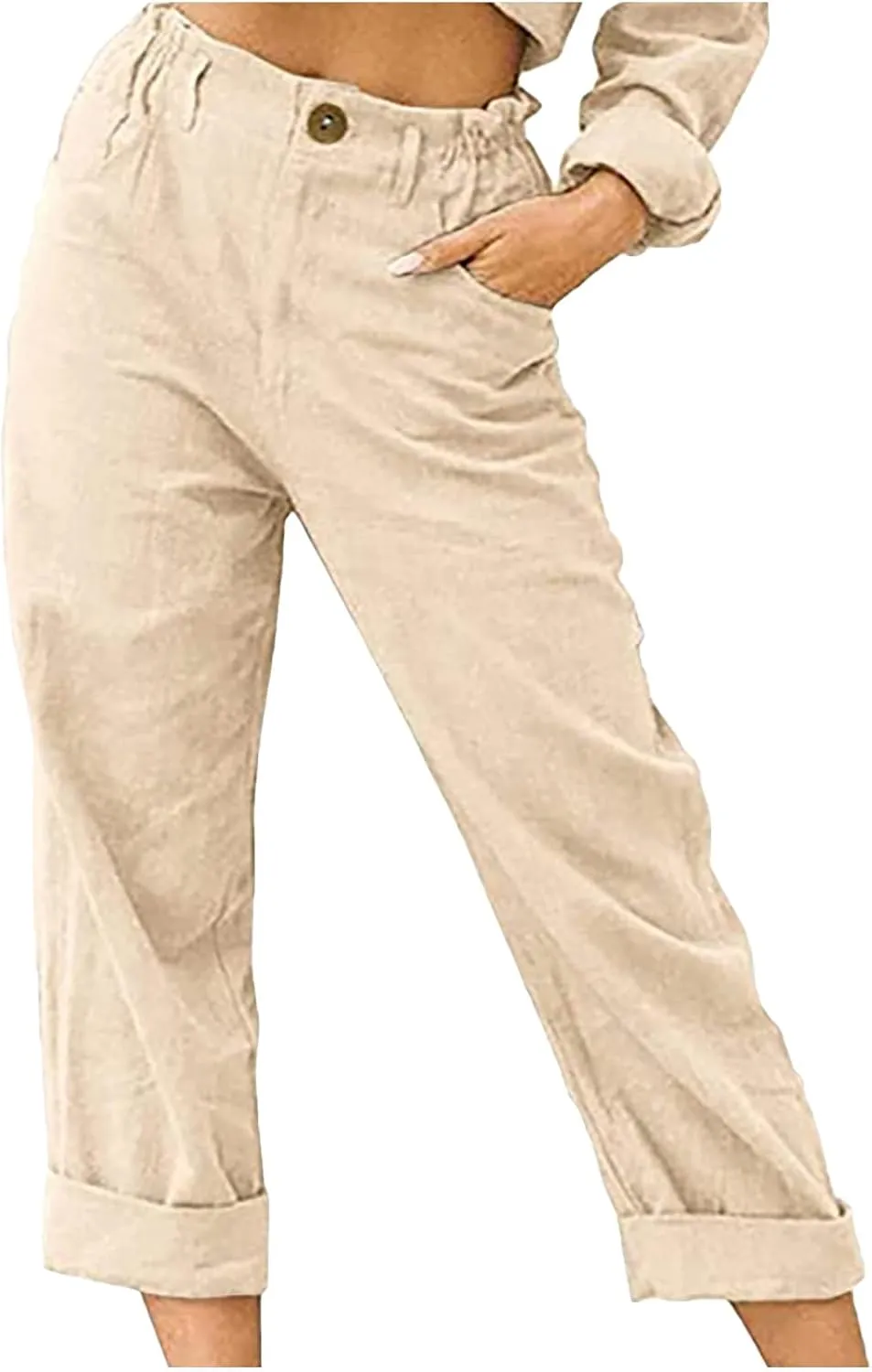 XUNRYAN Capri Pants Women Casual Summer Elastic High Waist Linen Pants Loose Wide Leg Cargo Pants Crop Trouser with Pockets