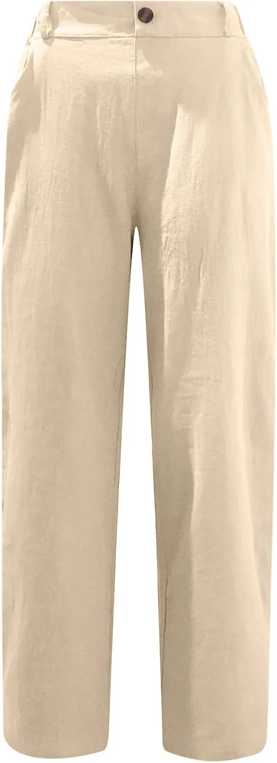 XUNRYAN Capri Pants Women Casual Summer Elastic High Waist Linen Pants Loose Wide Leg Cargo Pants Crop Trouser with Pockets