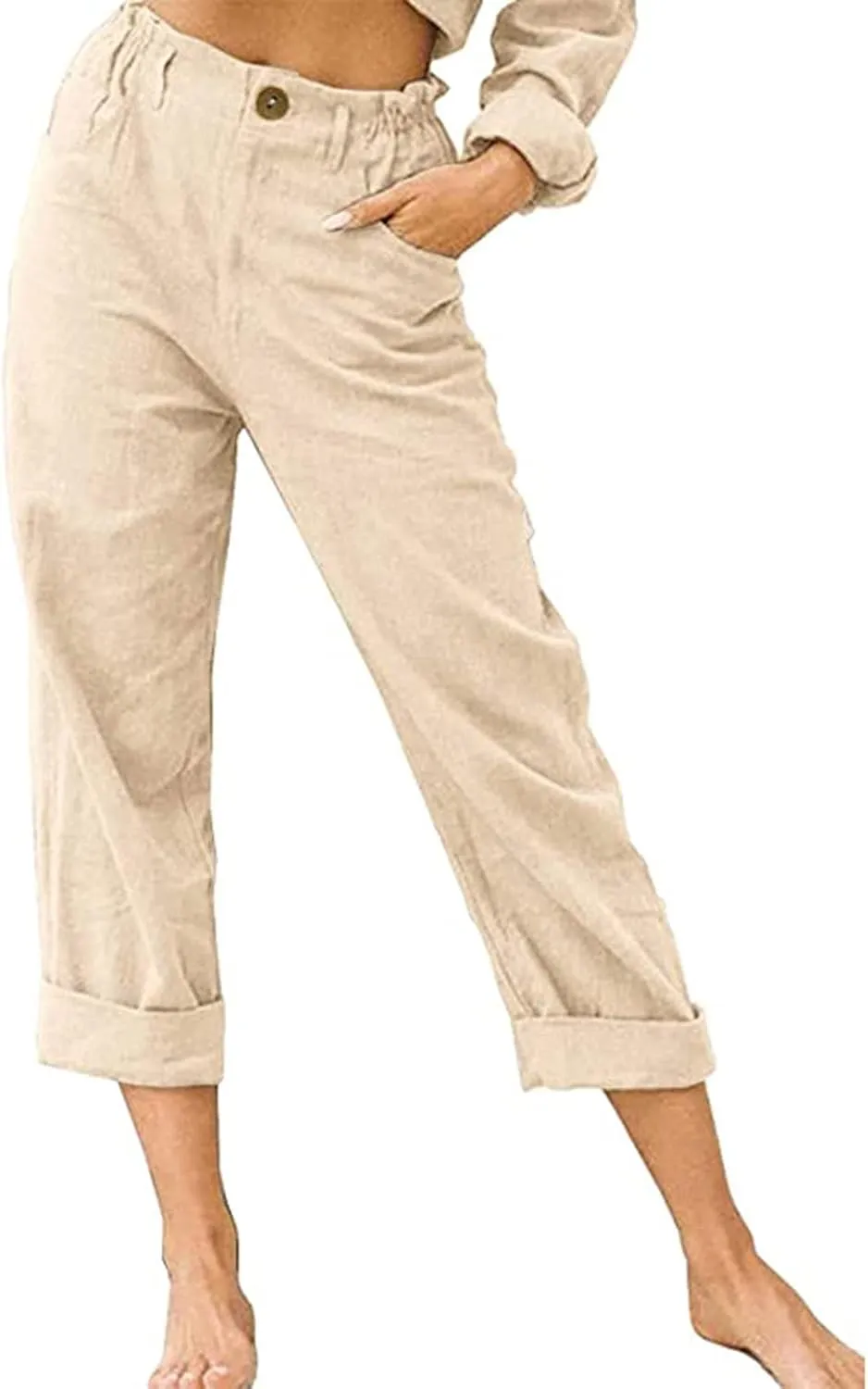 XUNRYAN Capri Pants Women Casual Summer Elastic High Waist Linen Pants Loose Wide Leg Cargo Pants Crop Trouser with Pockets
