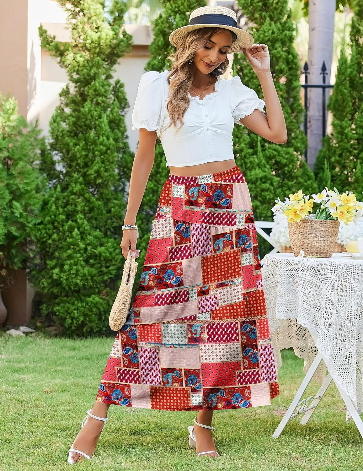 Zeagoo Women's Midi Summer 2025 Boho Elastic High Waist A-Line Flowy Swing Asymmetric Tiered Skirt Dress with Pockets