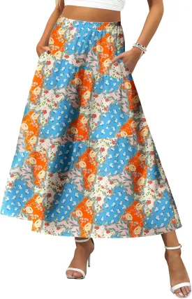 Zeagoo Women's Midi Summer 2025 Boho Elastic High Waist A-Line Flowy Swing Asymmetric Tiered Skirt Dress with Pockets