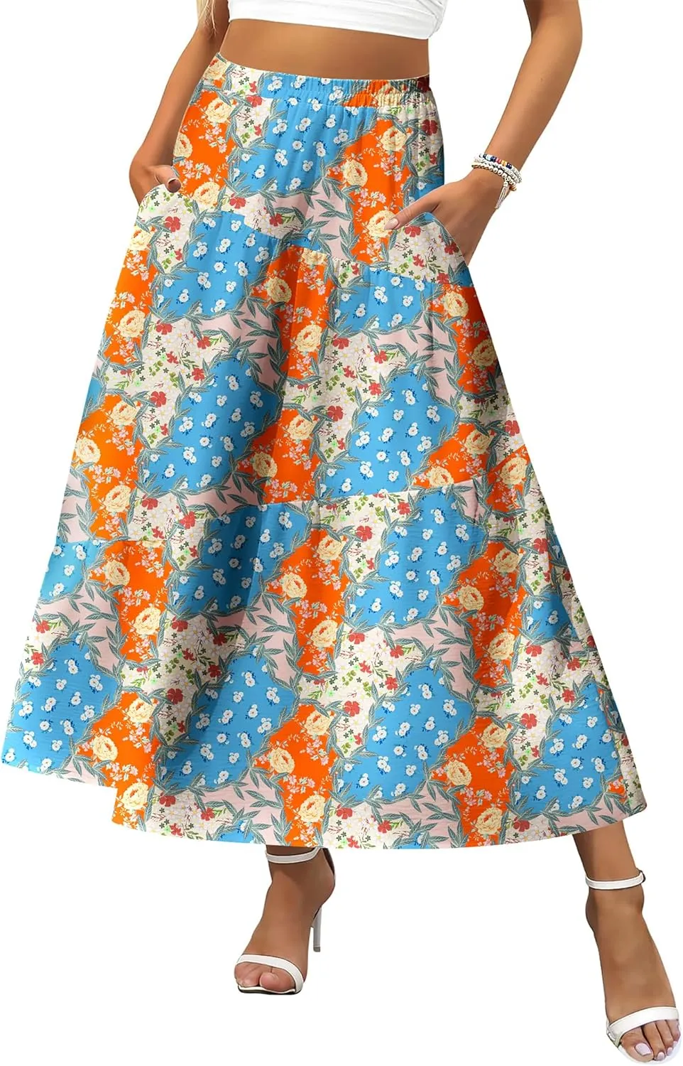 Zeagoo Women's Midi Summer 2025 Boho Elastic High Waist A-Line Flowy Swing Asymmetric Tiered Skirt Dress with Pockets